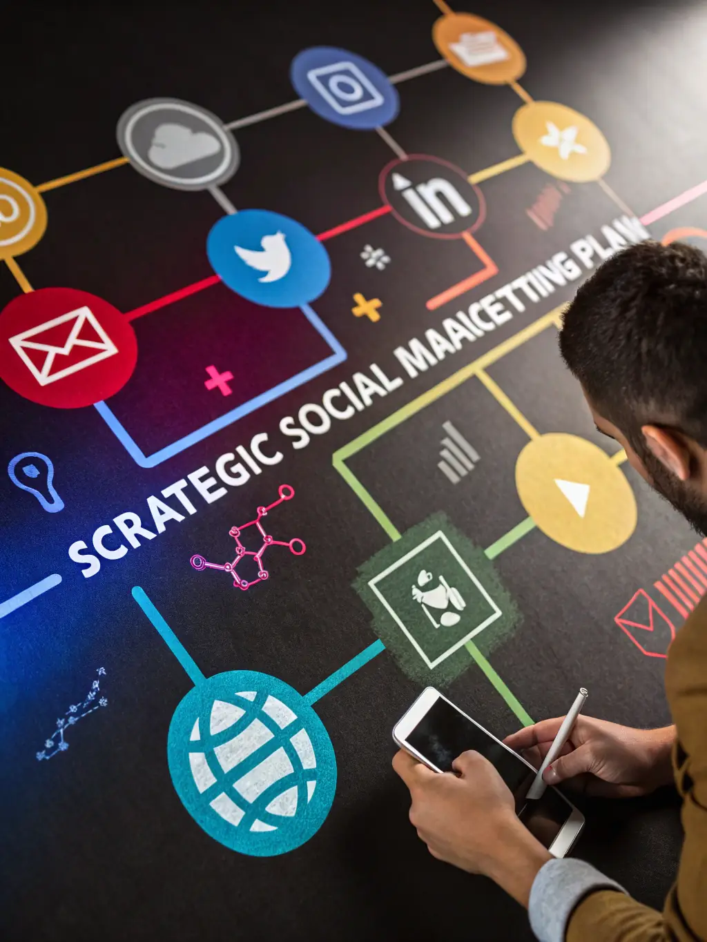 A visually appealing graphic illustrating media planning strategies, including social media campaigns, targeted advertising, and content distribution, reflecting Stellar Heart Limited's media planning capabilities.