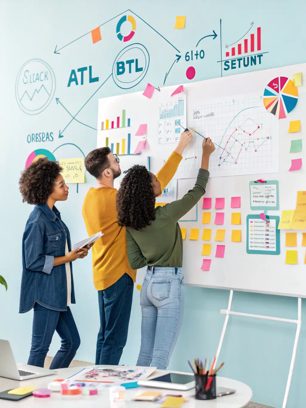 A dynamic image depicting media planning in action, with charts, graphs, and team members collaborating on a media strategy.