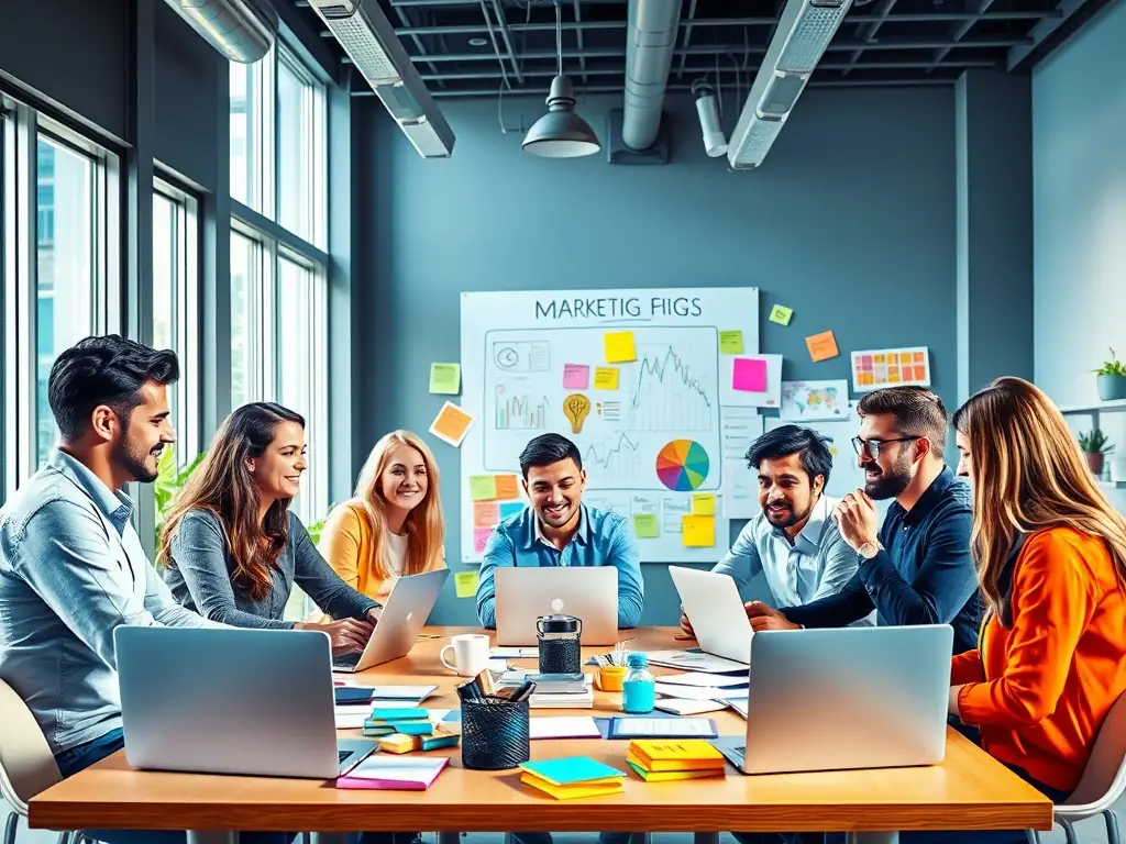 A vibrant image depicting a diverse team collaborating on a digital marketing campaign, showcasing Stellar Heart Limited's dynamic and innovative approach to marketing solutions.