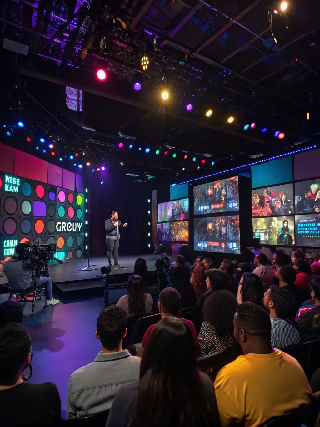 An energetic image of a live streaming event, with a host interacting with viewers and showcasing products or services.