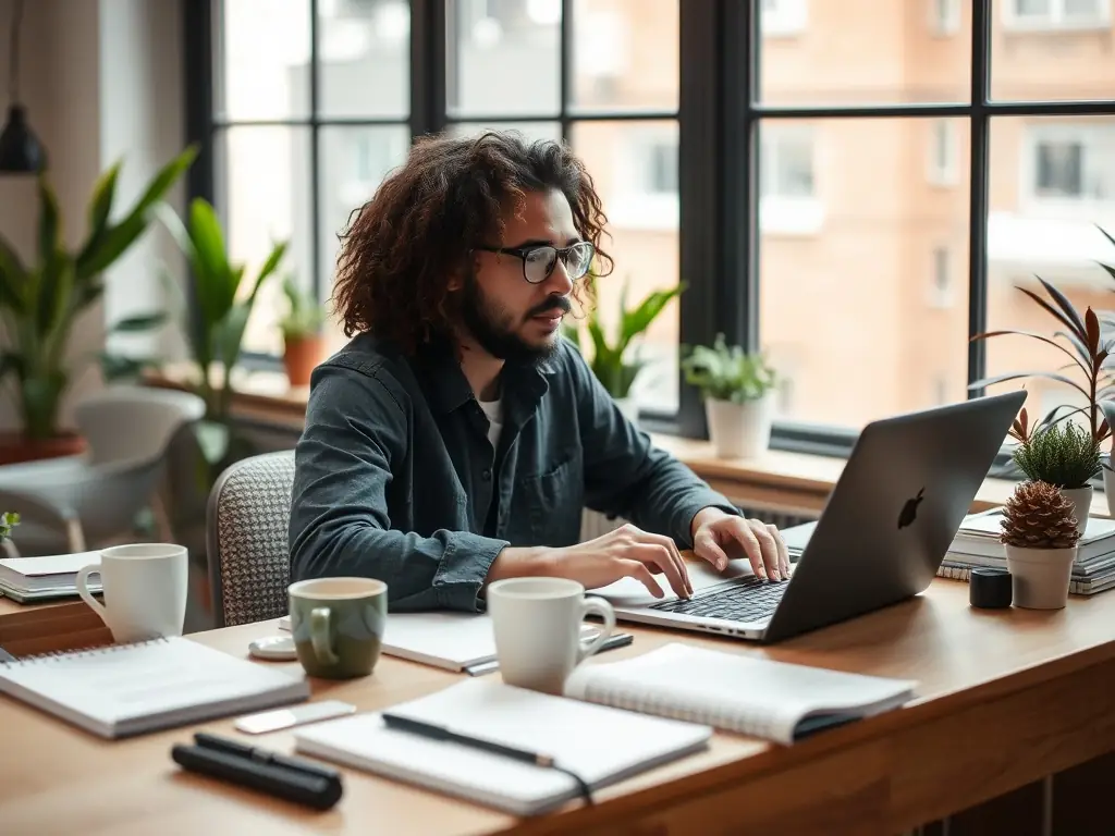 A visually appealing image of a content creator working on a compelling video script, highlighting Stellar Heart Limited's commitment to high-quality and engaging content.