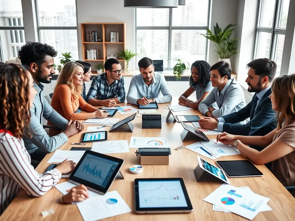 A diverse team brainstorming around a table, representing the collaborative spirit of Stellar Heart Limited's partnerships, with charts and graphs showcasing potential client benefits.